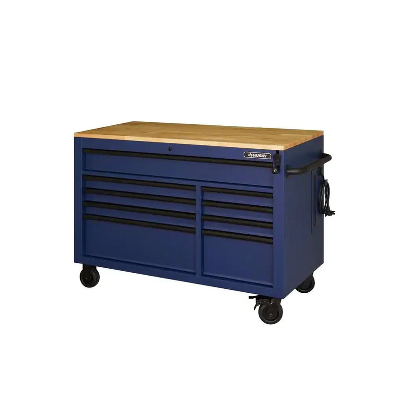 Heavy-Duty 52 in. 9-Drawer Mobile Workbench with Adjustable-Height Solid Wood Top in Matte Blue I202