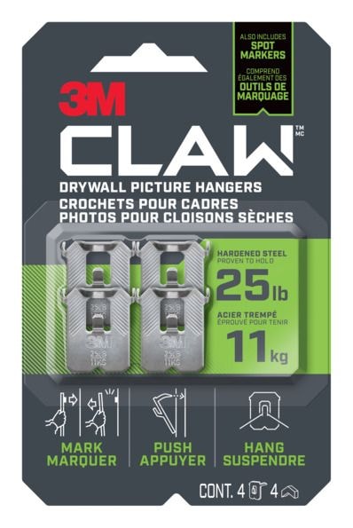 Claw DrywAll Picture Hanger, 25-lb Capacity, 4 Hangers per Pack S8492