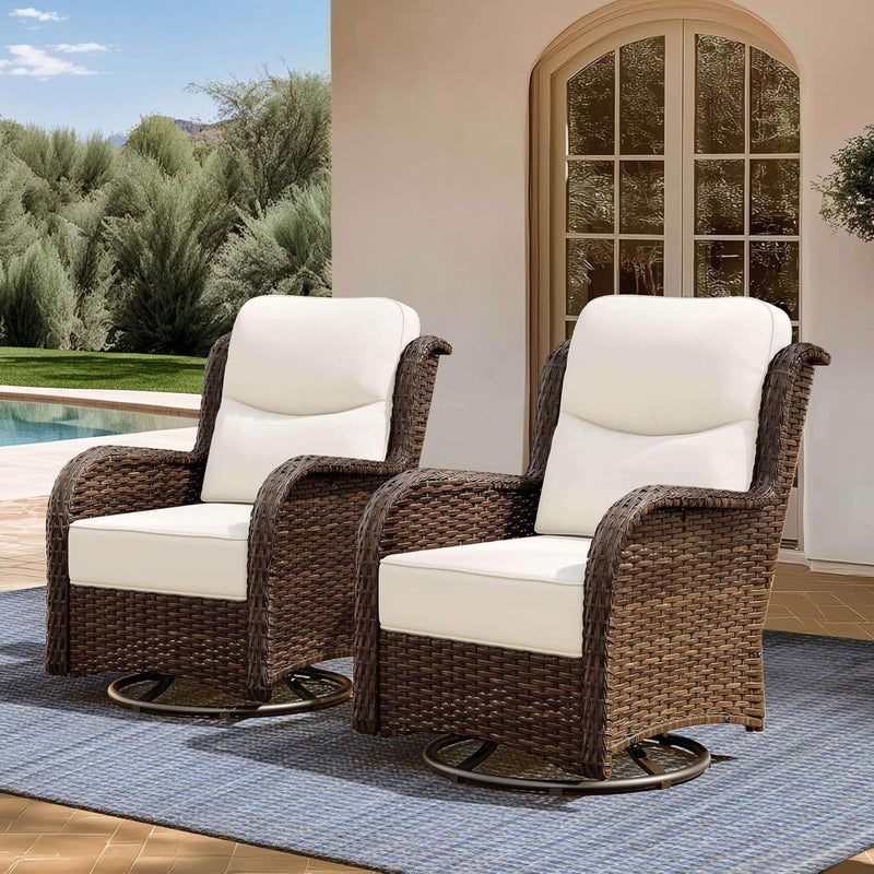 Outdoor Swivel Rocker Patio Chairs with 6-Inch Thick Cushions and Side Table, 3PCS High Back Wicker Patio Furniture Set for Porch, Balcony, Deck and Yard in Blue Y5584