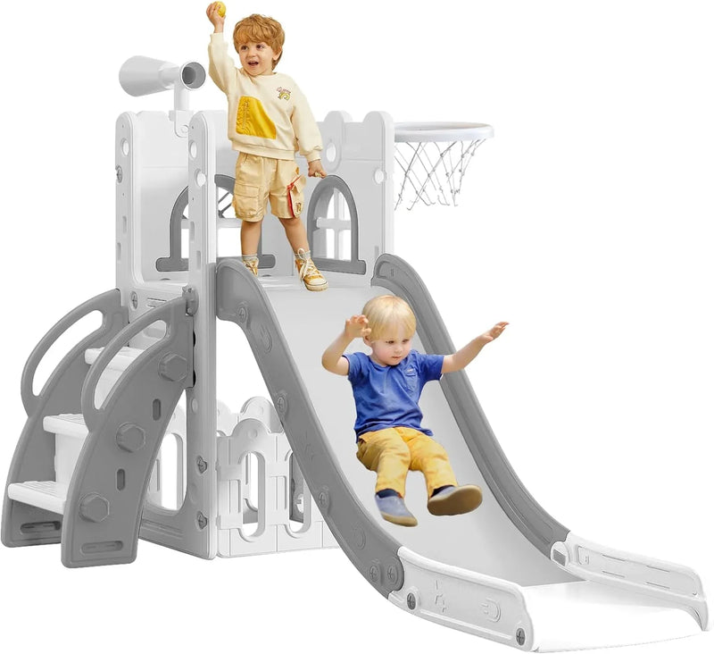 6 in 1 Toddler Slide for Toddler Age 1-3,Kids Climber Slider for Indoor Outdoor Playground with Basketball Hoop,Storage and Telescope,L Shaped Slide for Toddler Climber Playset X6204