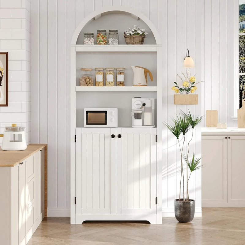 72'' Tall Farmhouse Bookcase, 5 Tier Arched Bookshelf with Double Doors & Adjustable Shelf, Display Storage Shelves, for Bedroom, Living Room, Home Office O1333