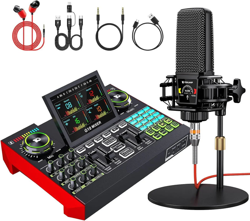 Podcast Equipment Bundle,with 3.5mm Condenser Microphone & Live Sound Card - Audio Mixer for Streaming, PC/Mobile Live Singing, Gaming Content Creators, Soundboard with USB Computer Interface P6117