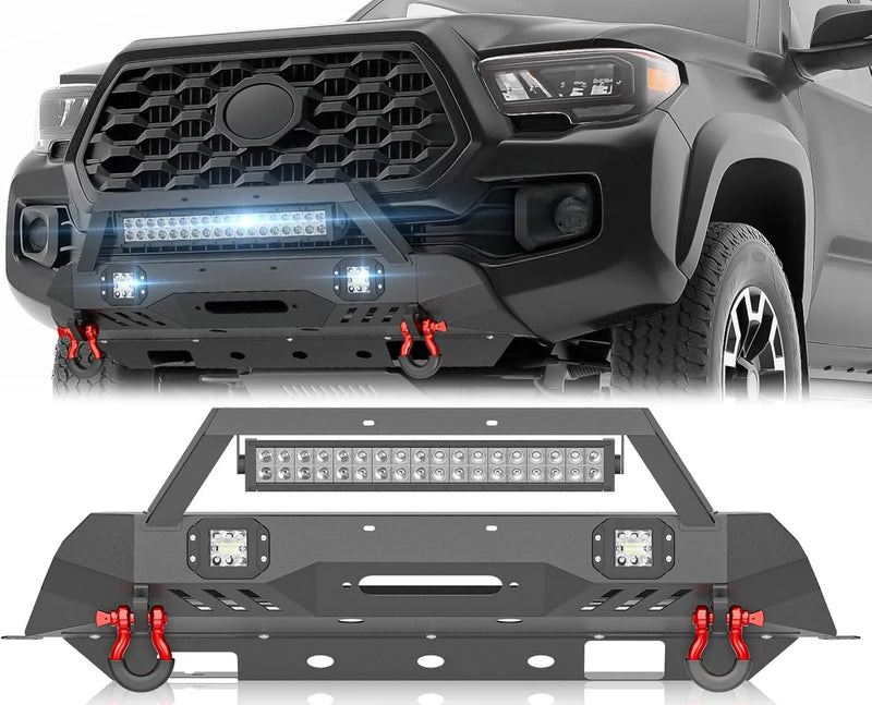 for Tacoma 3rd Gen Stubby Front Bumper Compatible with 2016 2017 2018 2019 2020 2021 2022 2023 Tacoma with Skid Plate, Winch Plate, License Plate Frame, LED Lights & D-rings, Black P8426