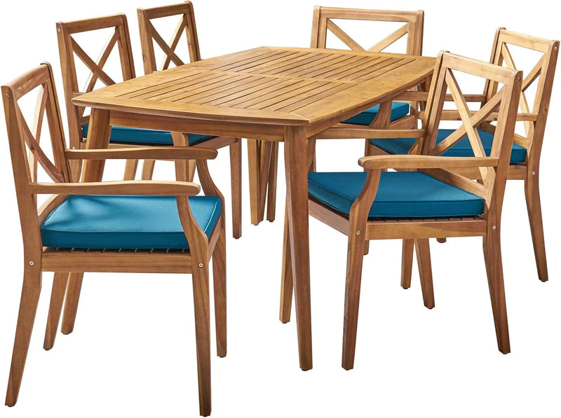 7-piece cherry wood dining set, teak surface / blue P5949