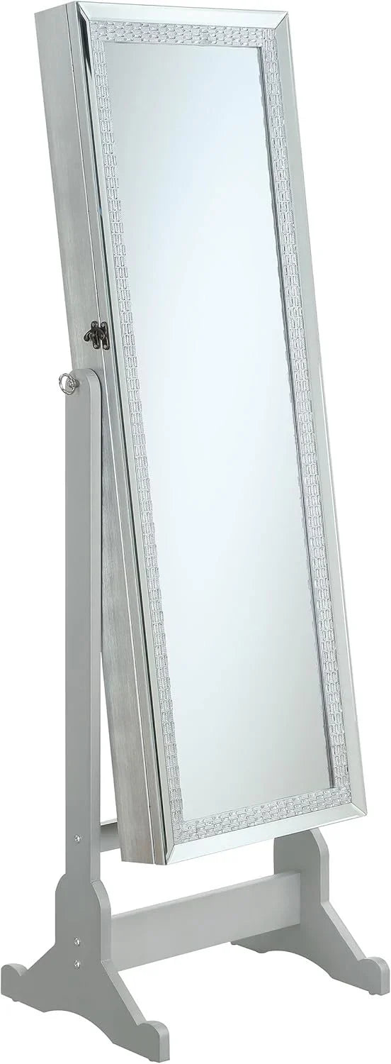 Mounted-style mirror cabinet, featuring jewelry storage function, with a design allowing the entire length to be tilted, rectangular shape - bedroom - silver color Y7872