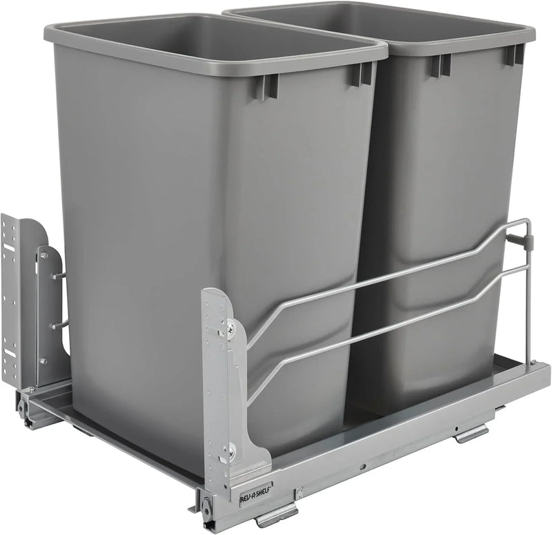 A double pull-out trash can suitable for the bottom of kitchen cabinets, with a capacity of 35 ounces (approximately 0.875 gallons), equipped with a gentle closing sliding mechanism, and in the color of Orison Gray. L3444