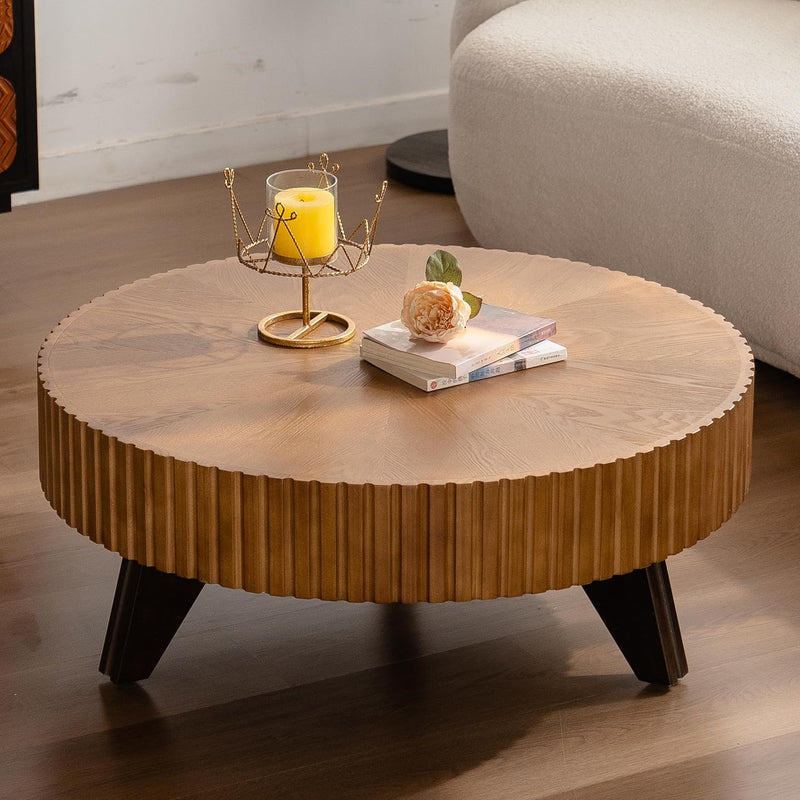 35" Contemporary Round Coffee Table, Coffee Tables Blending Traditional Decor, Solid Wood Center Table Room, Natural D0842