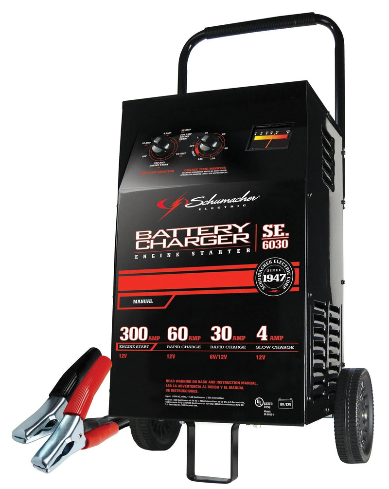 Electric Wheeled Battery Charger and Engine Starter, SC1446, 2-in-1, manual timer control, 300 crank amps, 6 volts, 12 volts, for car, SUV, truck and Marine batteries P2429