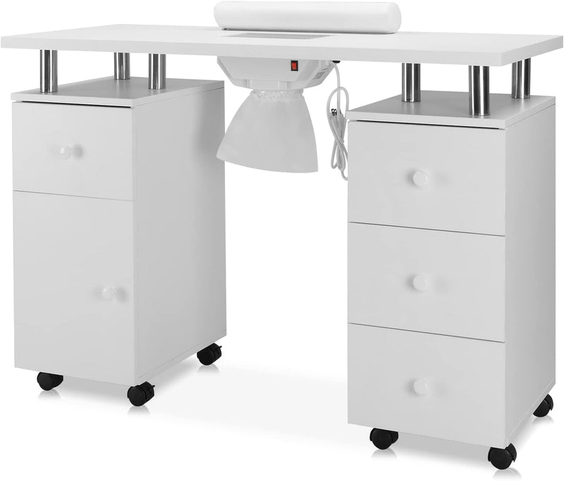 Manicure Table Nail Desk for Nail Tech w/Electric Dust Collector & Wrist Rest, Acetone Resistant Top Beauty Salon Nail Supplies Decor Station w/Lockable Wheels, Cabinet, Drawer (White) L8692