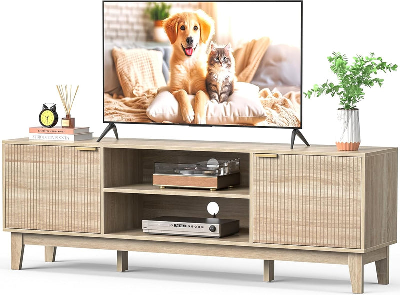 70" TV Stand Room, Fluted Mid-Century Modern TV Console for TVs up to 80 inch, Farmhouse Entertainment Center with 2 Storage, Media Console Table Room, Oak N279