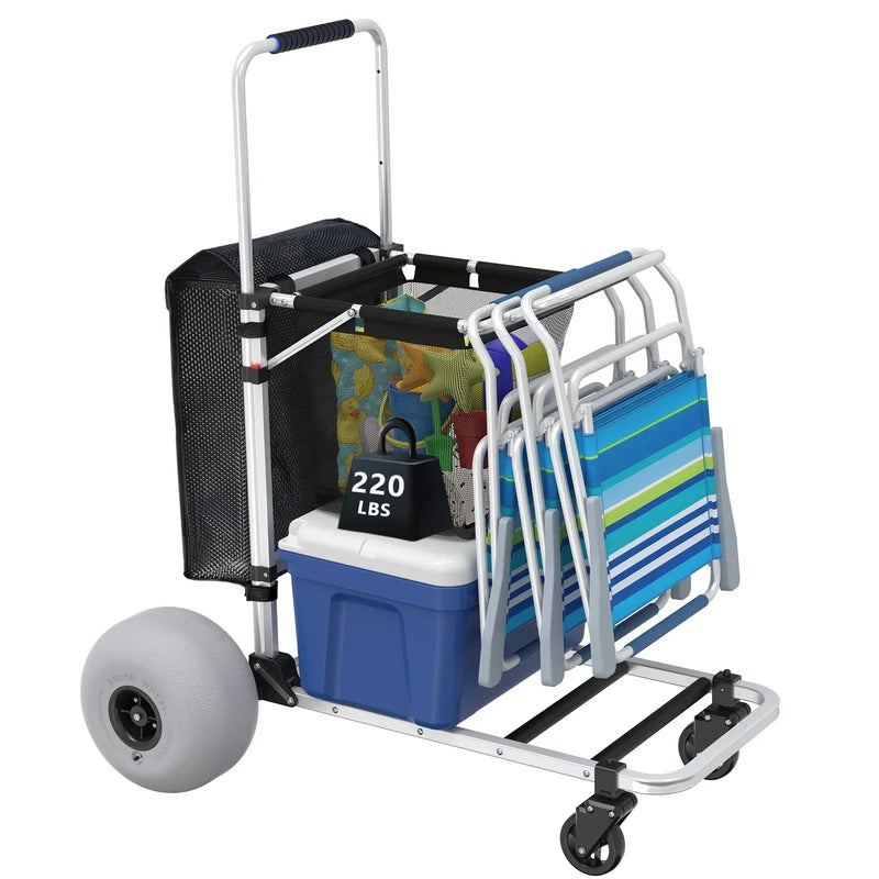 Foldable Beach Cart with Adjustable Handle and 12" Balloon Wheels, Heavy Duty Aluminum 220LBS Capacity D7184