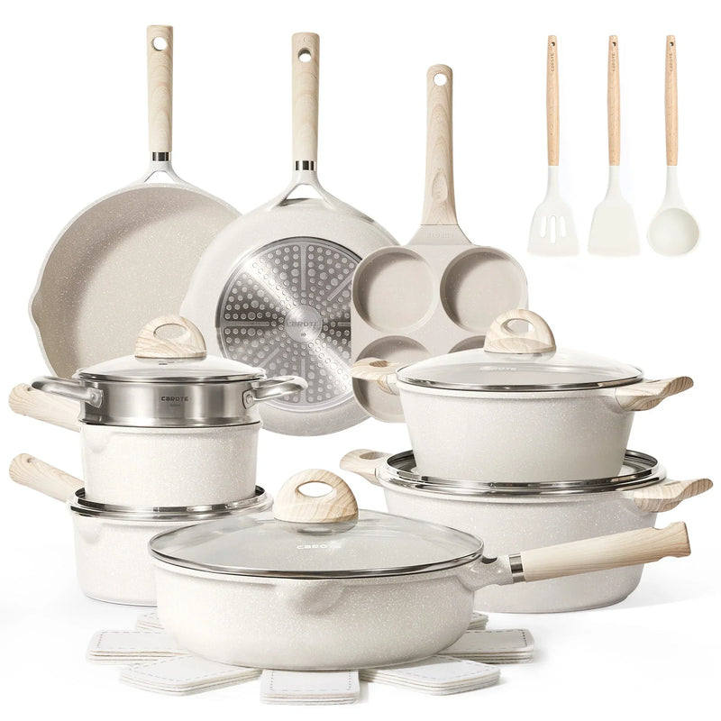 Carote Non Stick Pots and Pans Set, 21 Pcs Induction Kitchen Cookware Sets (Beige Granite) Z254
