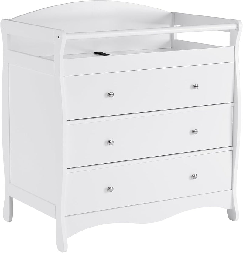 Changing Table Dresser Baby Diaper Changing Station Infant Nursing Table with 3 Drawers, Safety Rail & Strap for Bedroom, Nursery, White B1418
