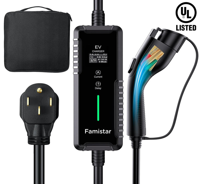 Level 2 & Level 1 EV Charger, 16Amp 110-240V Portable J1772 Electric Car Charger with Adjustable Amp Delayed Timer 25ft Long Cord F5299