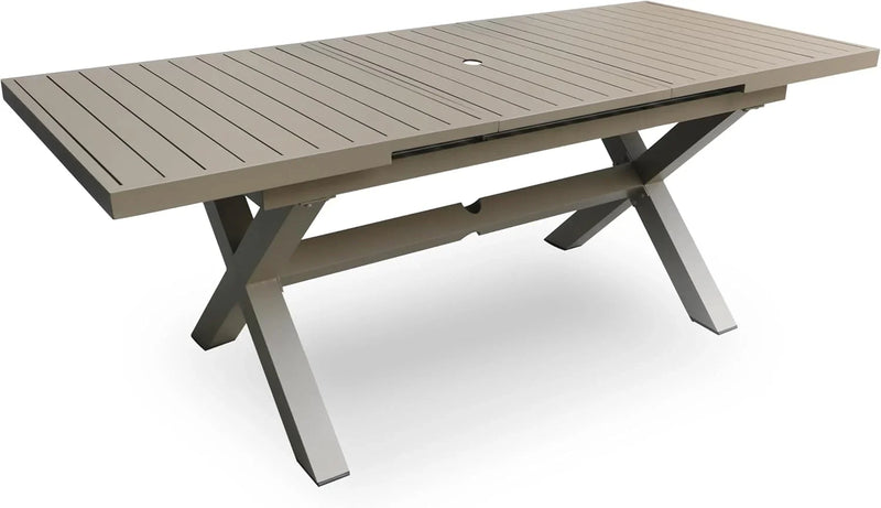 Extendable Patio Dining Table for 6-8, 63''-83'' Outdoor Aluminum Table w/Umbrella Hole, Rectangle Slatted Tabletop, Metal X-Trestle for Meals Garden Deck Backyard Gathering Party - Light Brown F0310