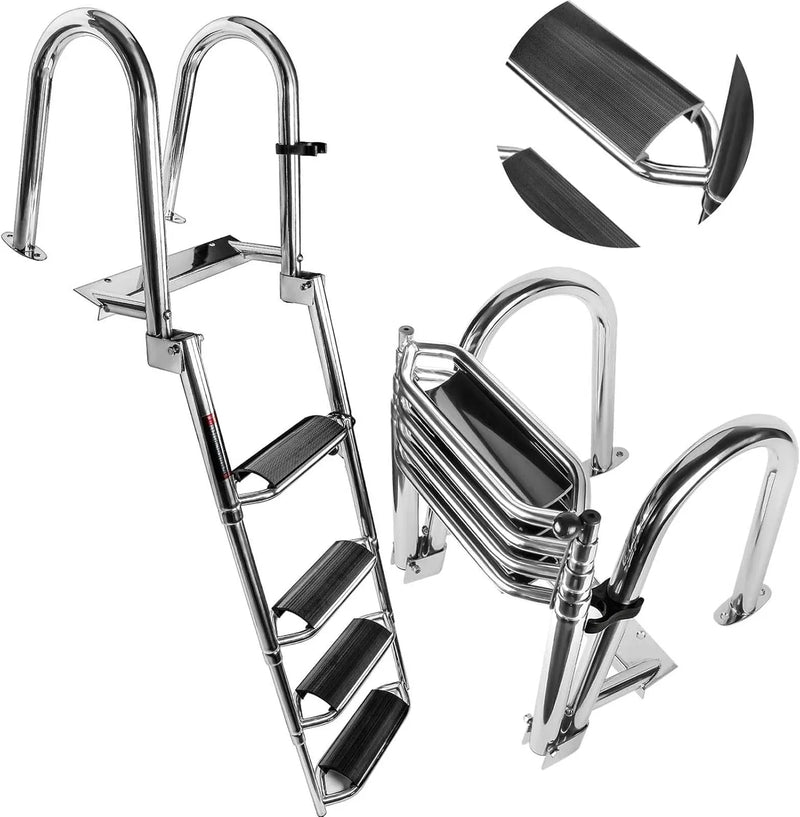 4 Steps Telescoping Boat Ladder Reinforce Dock Ladder Heavy Duty Swim Deck Ladder with Hand Railings and Extra Wide Steps R7841