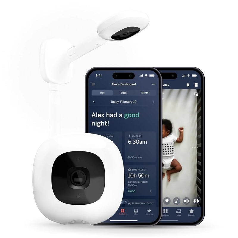 Smart baby monitor and wall-mounted device - 1080p security Wi-Fi video camera, sensor-free sleep and breathing motion tracker, two-way audio, sound and motion alerts, night vision function, breathing band - white X2111