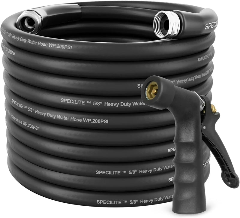 3/4" Hot/Cold Garden Hose 200 ft with Industrial High Pressure Nozzle, Flexible & Lightweight, 600psi Burst Rubber Water hose -50℉-158℉ With 3/4" Brass Fittings for Yard, Black T5666