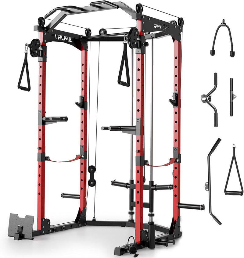 Power Cage,2000LBS Adjustable Multi-Functional Power Racks, Dual Pulley Cable System, Squat Rack for Strength Fitness, with More Training Attachment for Home Gym M3317