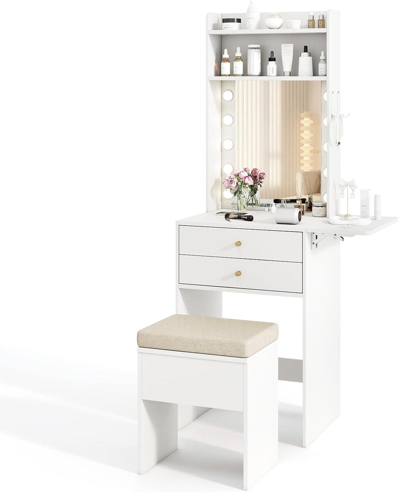 Small Vanity Desk with Mirror and Lights, Makeup Vanity Table with Charging Station, Drawers, Shelves, Foldable Side Table, Compact Dressing Table with Storage Chair for Small Space (White) V8602