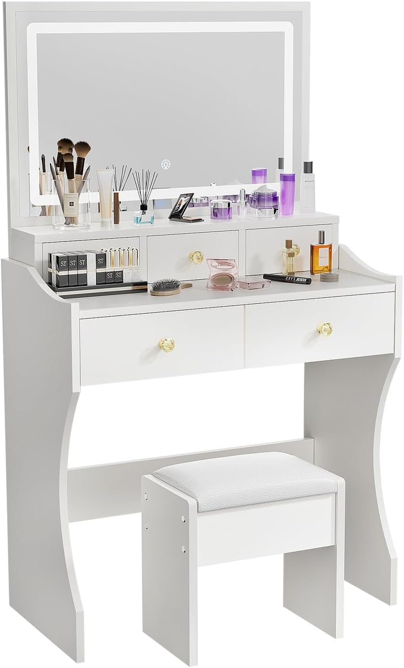 Makeup Table with Extra Large Mirror and Lights, 80cm Dressing Table with Stool T2475