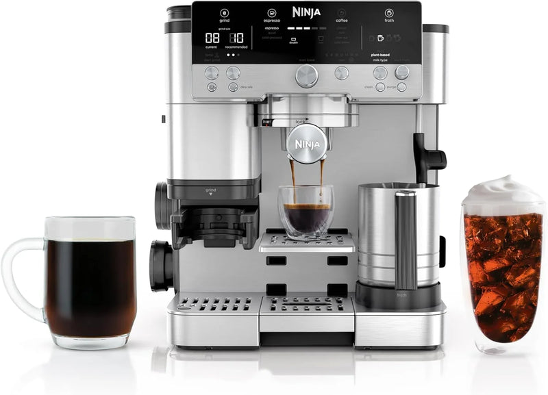 Italian coffee machine, drip coffee machine, rapid cold brew coffee machine, integrated grinder, hand-free milk frother, equipped with a strike plate, water filter, cleaning sheet, descaling agent E9525