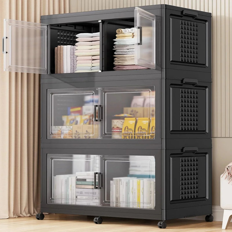 200Gal Extra Large Plastic Storage Bins with Lid & Wheels, Stackable Collapsible Bins with Dividers, Cube Closet Organizers and Storage Cabinet Shelves Box Roomy for Home Kitchen,4Pack White Q1426