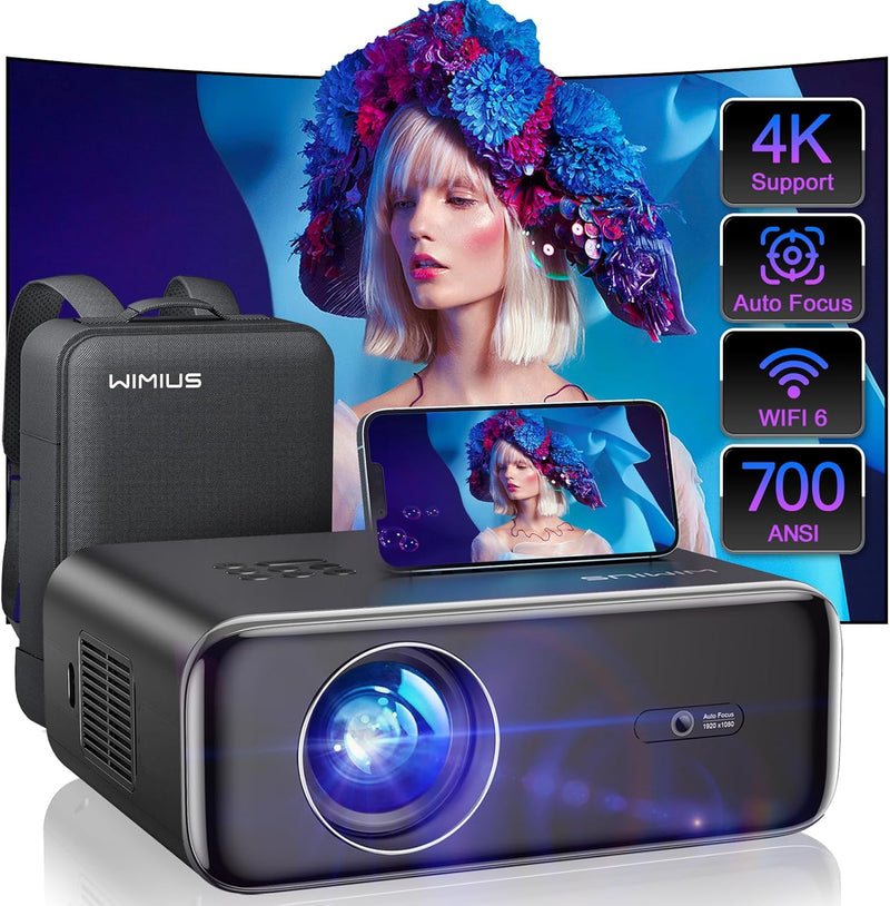 [Auto Focus/4K Support] Projector with WiFi 6 and Wireless 5.2, 700ANSI Native 1080P Outdoor Movie Projector, WiMiUS P62 Auto 6D Keystone & 50% Zoom, Smart Home Projector for iOS/Android/TV Stick W7379