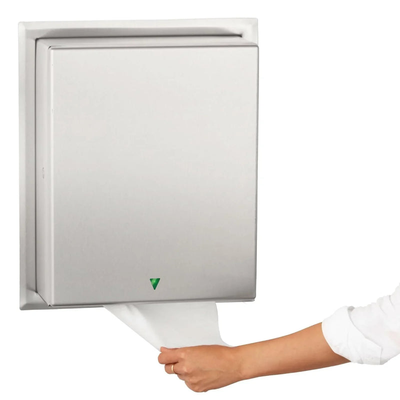 Automatic roll towel dispenser, semi-integrated design, matte stainless steel material, adjustable sensor, LED light guide, no contact operation, AC adapter/battery power supply, universal roll towel compatibility Y9683