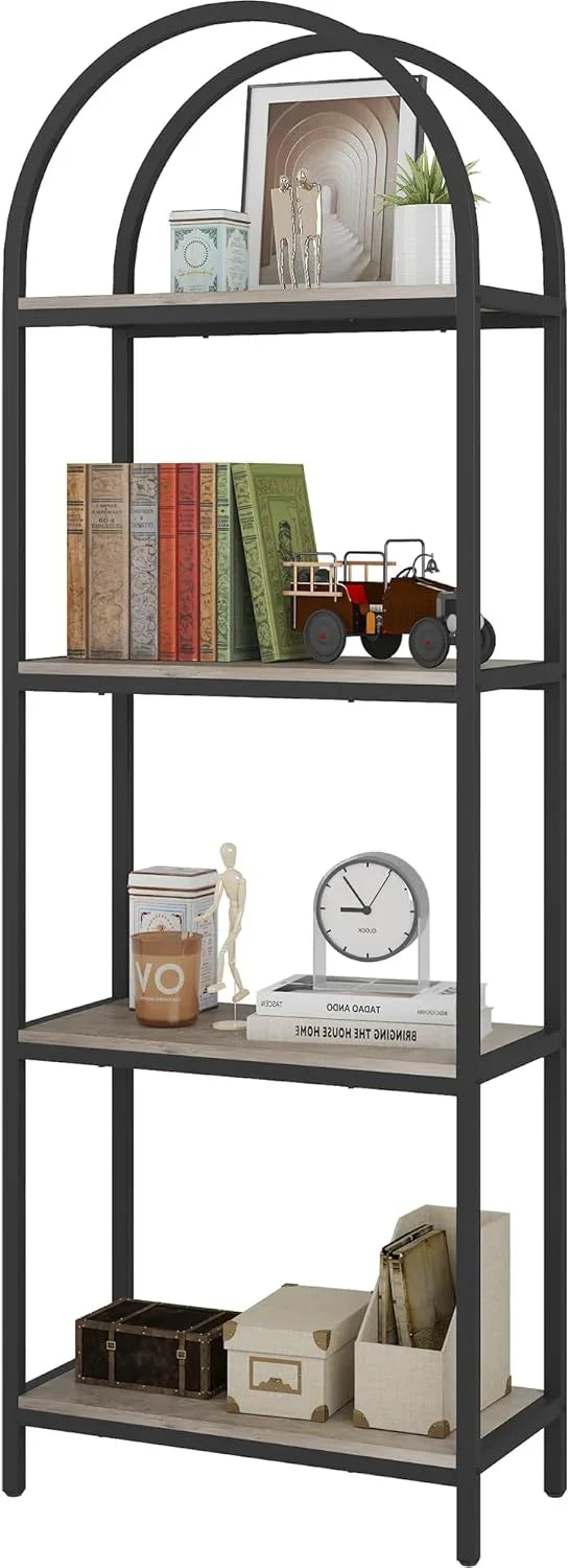 Yusong Bookshelf Rattan Arched Bookcase, 74" Tall Industrial Open Book Shelves Room, Modern Freestanding Boho 5 Tier Display Storage Rack with Metal Frame, Office, Bedroom, Burlywood A1035
