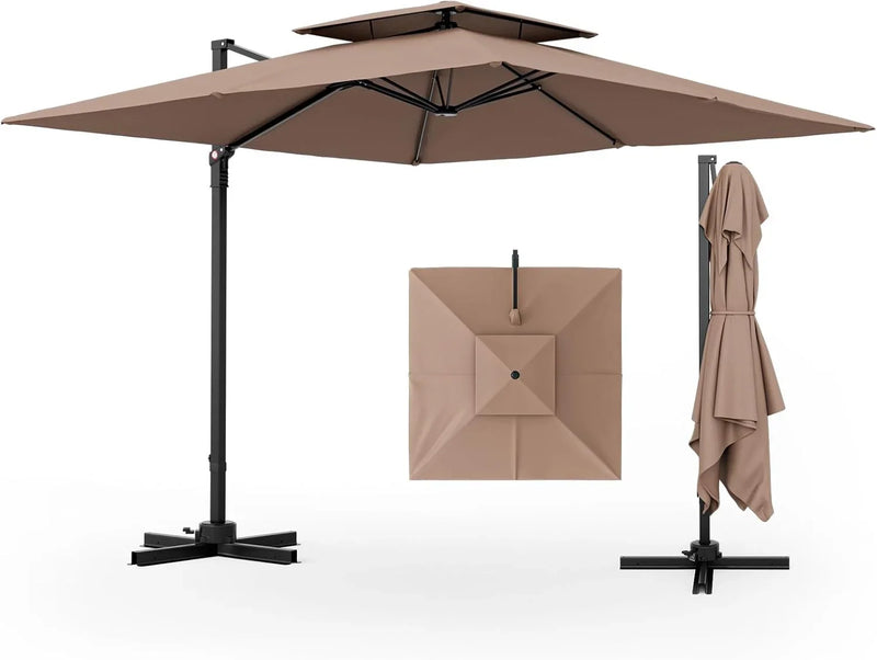 9.5-foot cantilevered patio umbrella, outdoor square offset umbrella, 360° rotatable, double-structured heavy-duty patio hanging umbrella, with cross base, suitable for gardens, patios, swimming pools and backyards. J4020