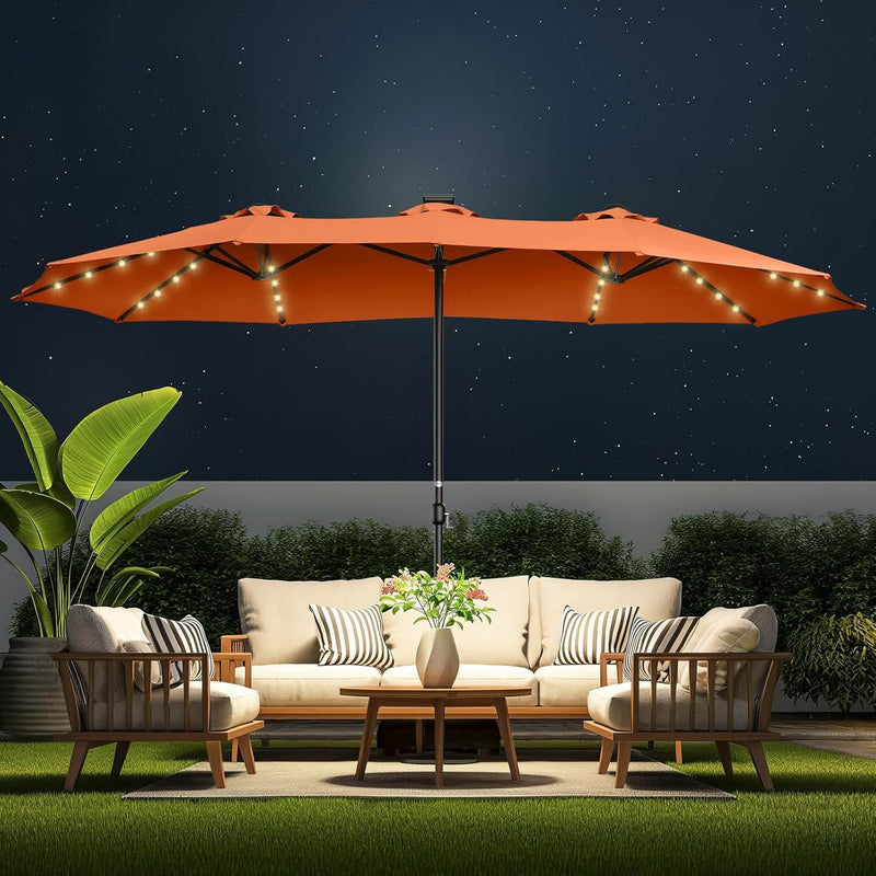 Double Sided Patio Umbrellas - 15ft Solar Lights LED Lighted Outdoor Extra Large Market Table Umbrella with Base Included, Oversized Umbrella for Deck, Pool, Backyard (Beige) I8101