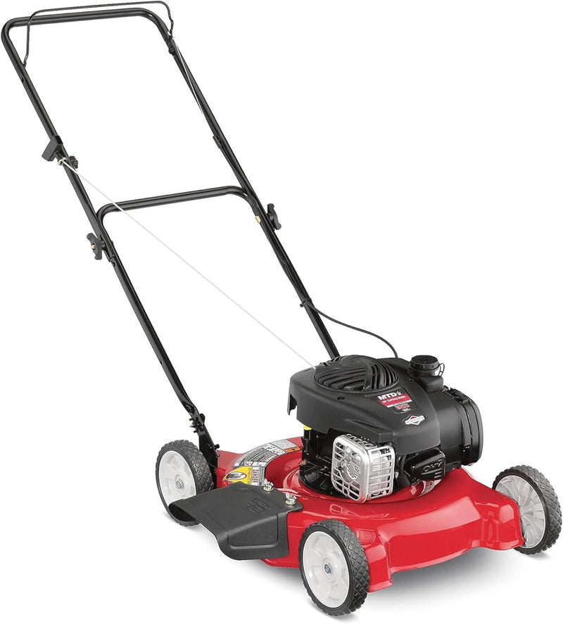 20-inch steel cutting deck, side-discharge gasoline-powered push lawn mower, with engine oil, available in red and black, suitable for outdoor yards. O1734