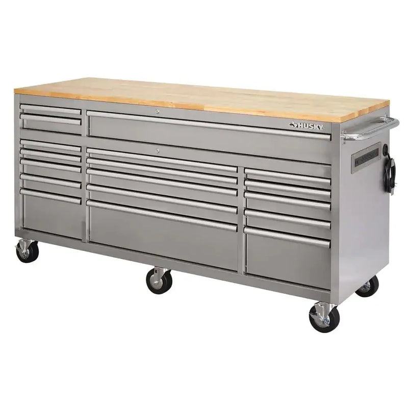 72 in 18-Drawer 24 in. D Mobile Workbench with Solid Wood Top Stainless Steel U2855
