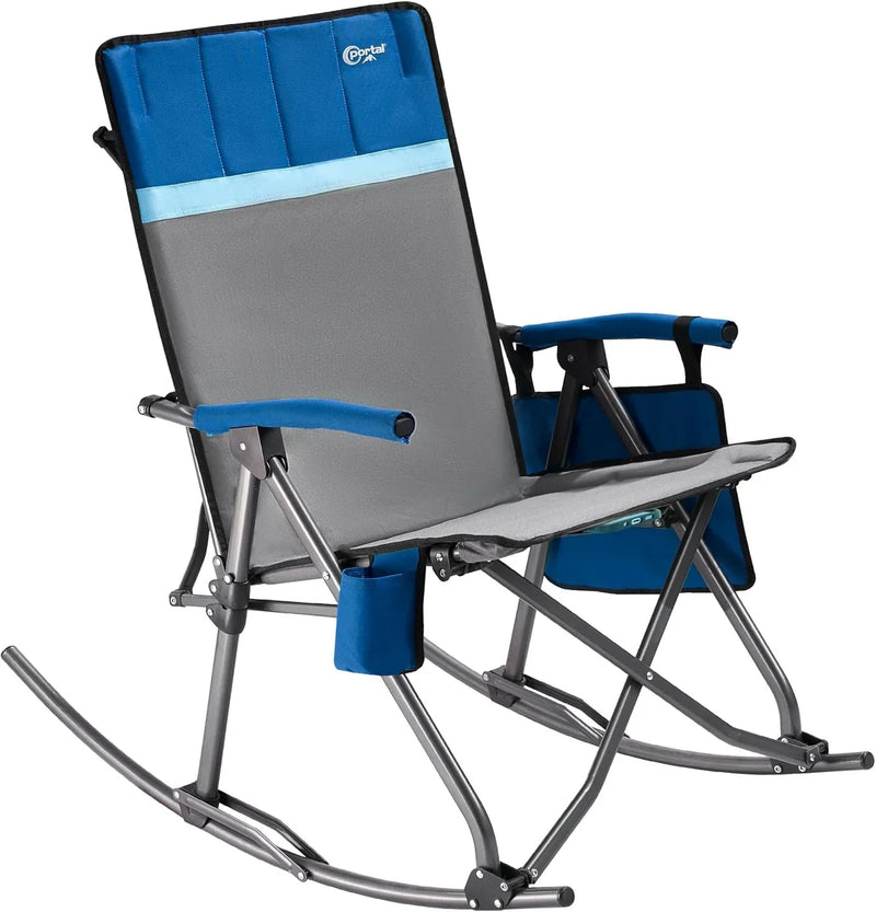 Large-sized foldable rocking chair-style camping chair. Portable outdoor rocking chair, equipped with a high back and sturdy armrests. The carrying bag can bear a weight of 300 pounds. The back of the seat has padding. The color is blue. A8371