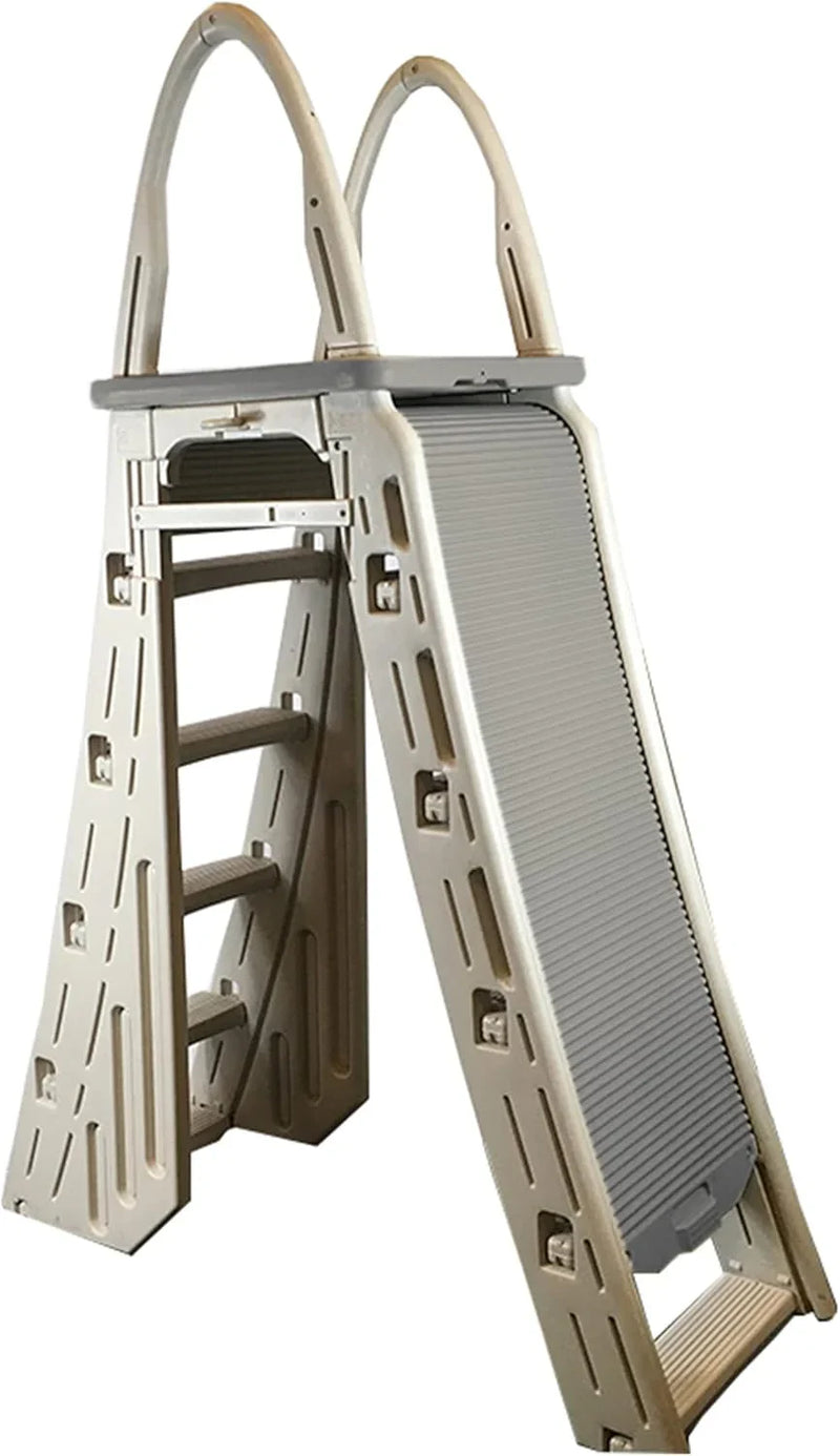 Confer Plastics 7200 Roll Guard 48" to 56" Adjustable A Frame Safety Ladder for Above Ground Outdoor Patio Swimming Pool Platform Ladder with Step Barrier, Warm Grey… X8064
