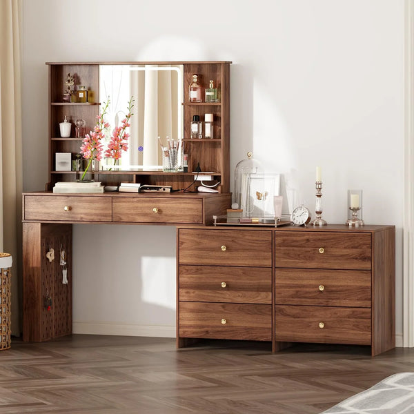 Makeup Vanity Desk with Mirror and Lights, Vanity Desk with 8 Drawers & Storage Shelves, Vanity Table with Power Outlet, 3 Color Modes & Adjustable Brightness Dressing Table, Bedroom,White2 A3069