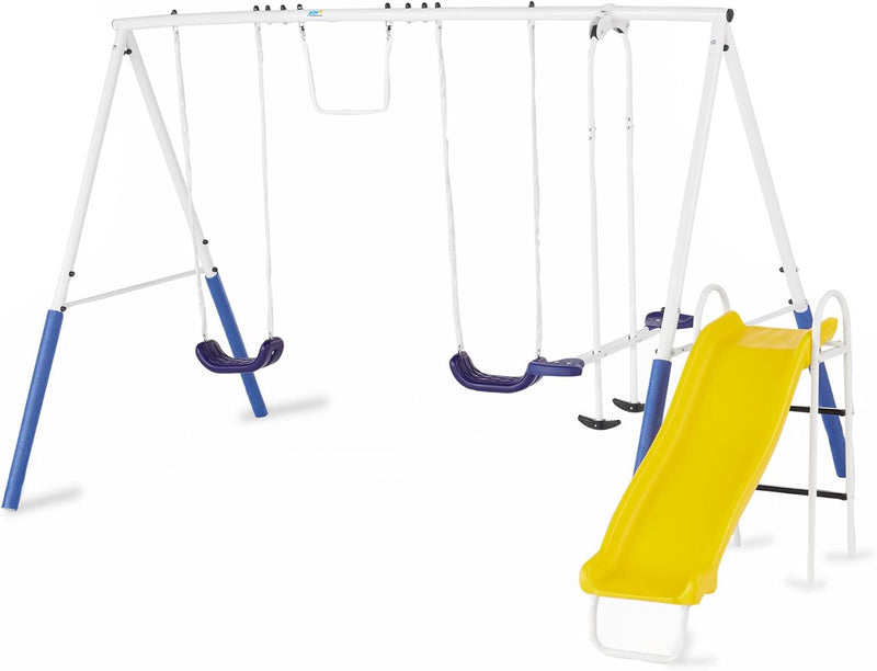 Recreation Blue Ridge Backyard Playground Set Sturdy Metal A Frame Swing with Chain Covers, Glider, Trapeze, 2 Swings, and Slide, Multicolor P8038