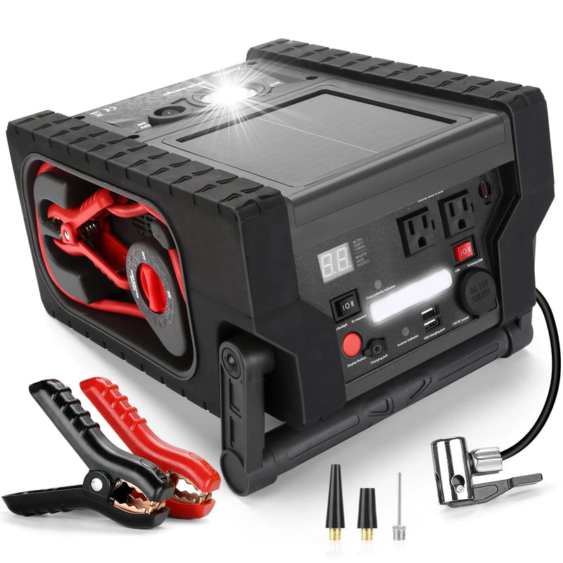 ZD-529 Solar Portable Power Station 2000 Amps Jump Starter, 260 PSI Air Compressor, 12V Car Battery Charger with 400W Inverter Dual AC/DC/USB Output, Emergency Backup Power with Flashlights C3022