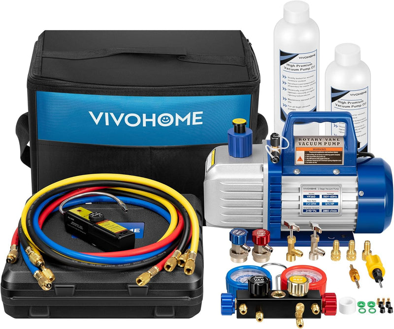 110V 1/4 HP 3.5CFM Single Stage Rotary Vane Air Vacuum Pump and AC Manifold Gauge Set Kit with Thermometer for R134a R12 R22 R502 R410a HVAC Air Conditioning Refrigeration Recharging Red U4629