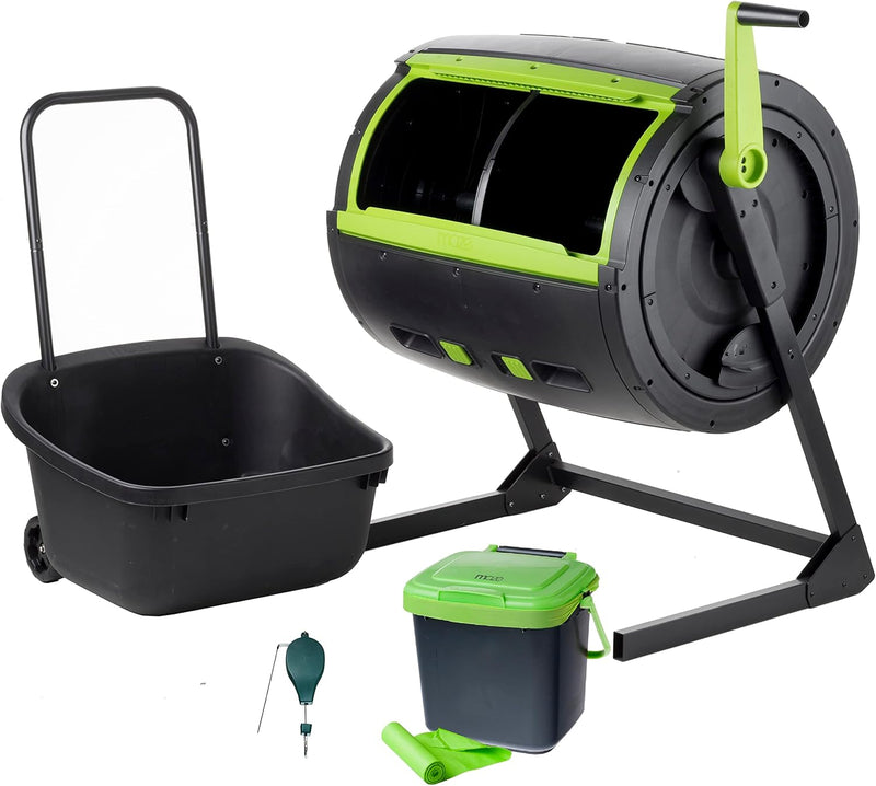 Two 65-gallon two-stage composting drums, equipped with large double doors and an open frame, are also provided along with a maze-style compost cart, a 1.85-gallon kitchen trolley-style compost bin, three rolls of corn bags, and a U4293
