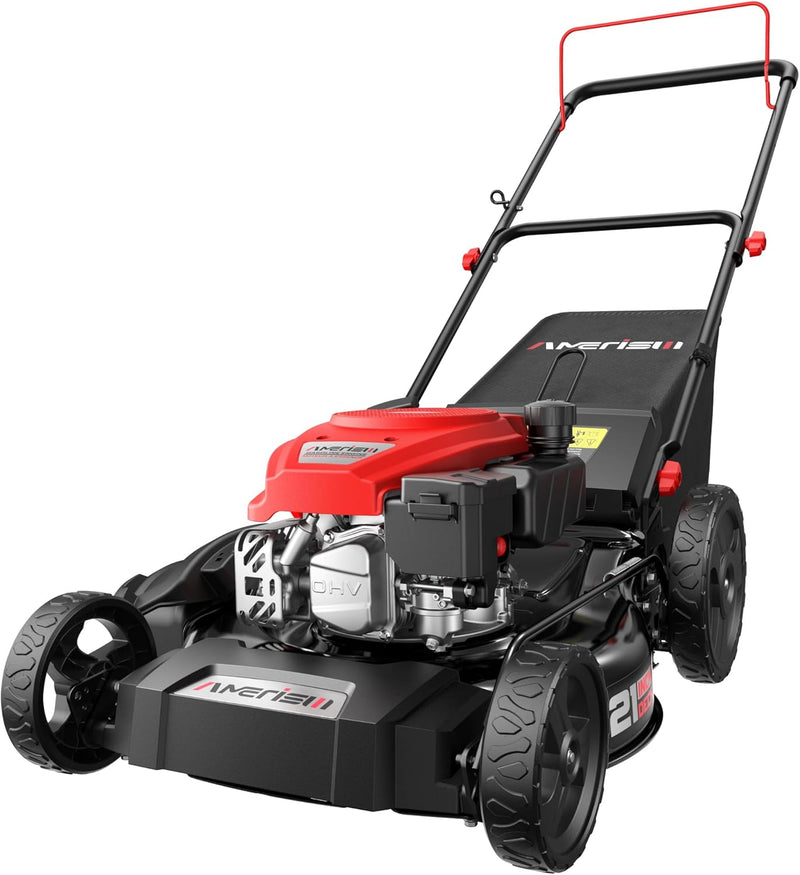 21" Steel Deck Gas Lawn Mower, 3-in-1 Push Mower, 144cc 4-Stroke OHV Engine, 6 Height Adjustment, 1.4 Bushel Grass Catcher with Bagging, Mulching & Side Discharge Efficient for Yard Garden T5063