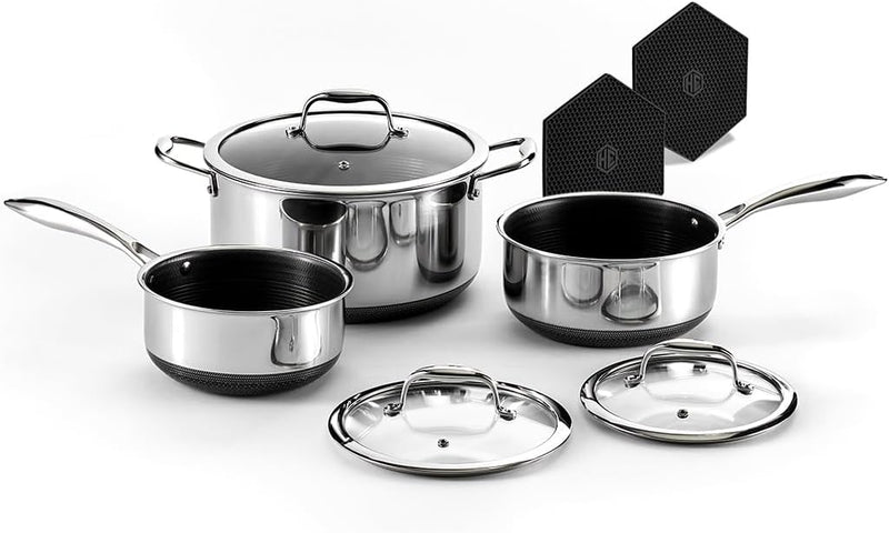 Hybrid Nonstick 6-Piece Pot Set with 2 Silicone Trivets, 2, 3, and 8-Quart Pots with Tempered Glass Lids, Stay-Cool Handles, Dishwasher-Friendly, Induction-Ready, Compatible with All Cooktops E4023