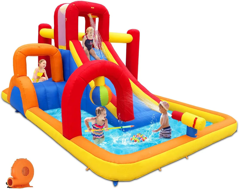 Inflatable Water Slide, 10 in 1 Water Park Bounce House with Blower, Splash Pool, 2 Slides, Water Cannon, Climbing Wall, Blow up Water Slides for Kids Outdoor Backyard E182