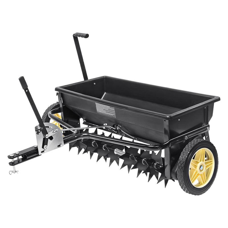 Broadcast seeder, 100-pound tractor-mounted rear polyethylene seeder with 10-inch wheels, equipped with a steel spike weeder, fertilizer spreader, garden seeder and salt spreader, suitable for residences, farms, rough terrain, and black pavement. E37