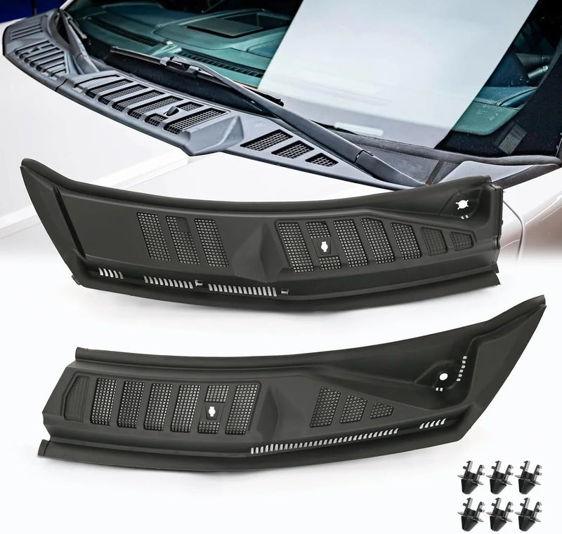 The front windshield wiper cover panel grille is compatible with the 2009 - 2014 models of F150. It features two front insert panels on both the left and right sides. P3472