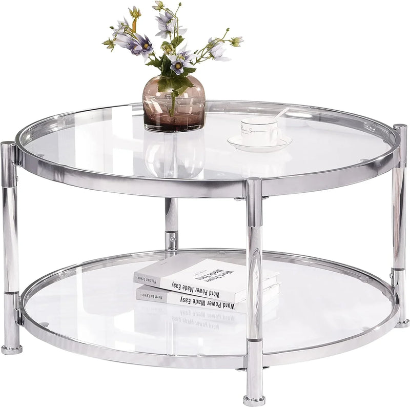 A round coffee table with a metal frame, the surface is made of chrome-plated acrylic glass. D9720
