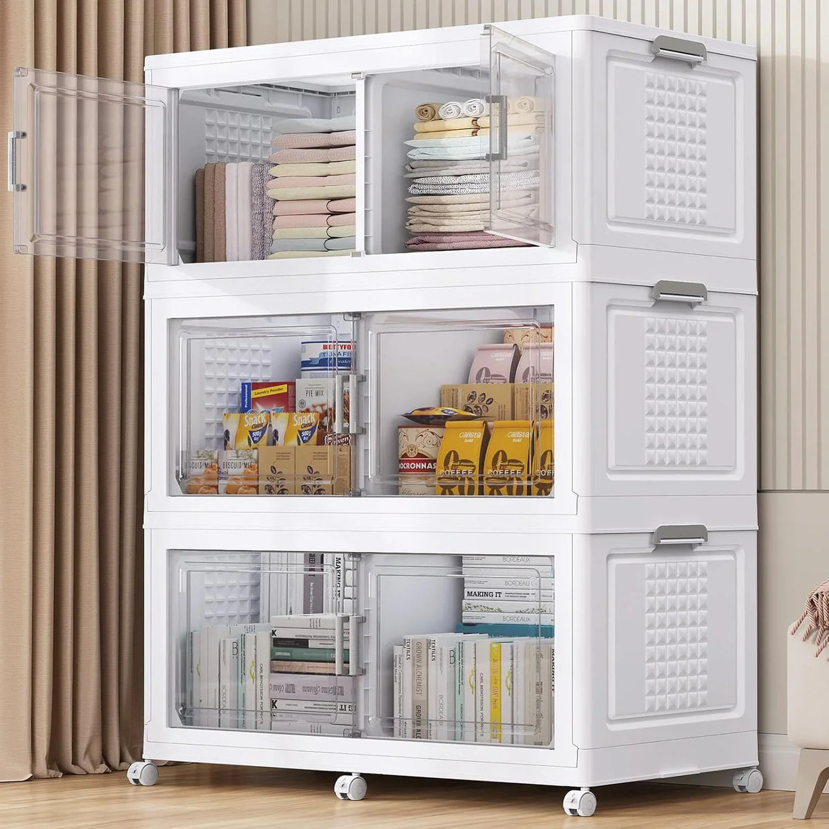 200Gal Extra Large Plastic Storage Bins with Lid & Wheels, Stackable Collapsible Bins with Dividers, Cube Closet Organizers and Storage Cabinet Shelves Box Roomy for Home Kitchen,4Pack White