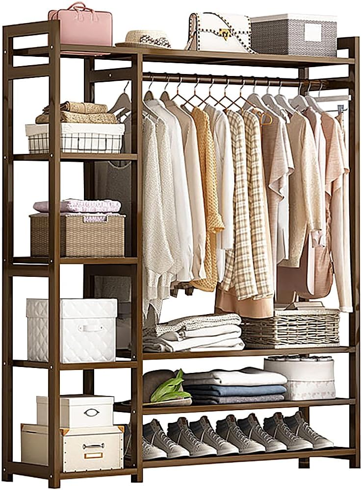Floor-Standing Solid Wood Rotating Coat Rack，Portable Bamboo Clothes Rack - Versatile Closet Organizer with Storage Shelves and Compartments for Bedroom, Entryway, or Living Room - Stylish a R2710