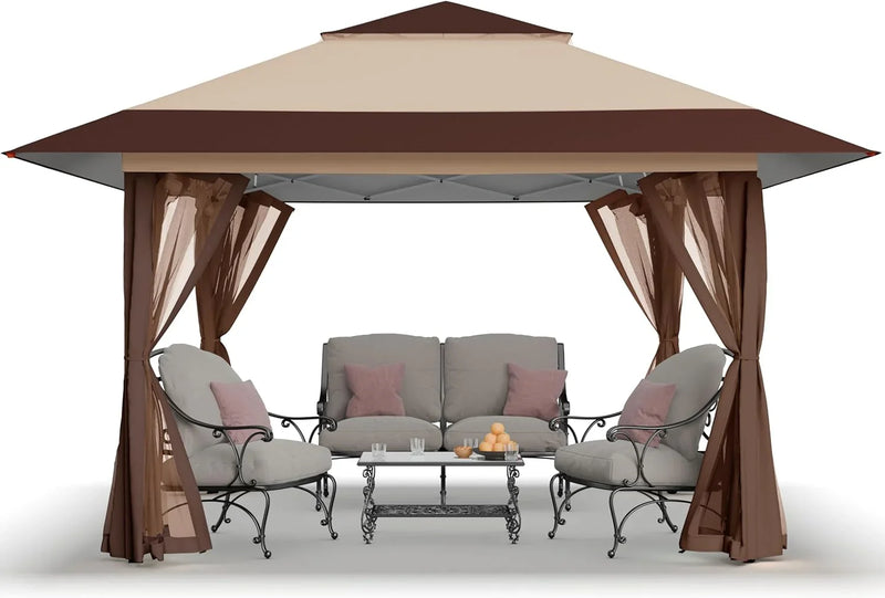 CROWN SHADES 13x13 Pop Up Gazebo, Canopy Tent, Gazebos on Clearance - Outdoor Gazebo for Backyard & Patio Furniture - Carpa Pop Up Tent with Wheeled STO-N-Go Cover Bag (Beige & Coffee) R4755